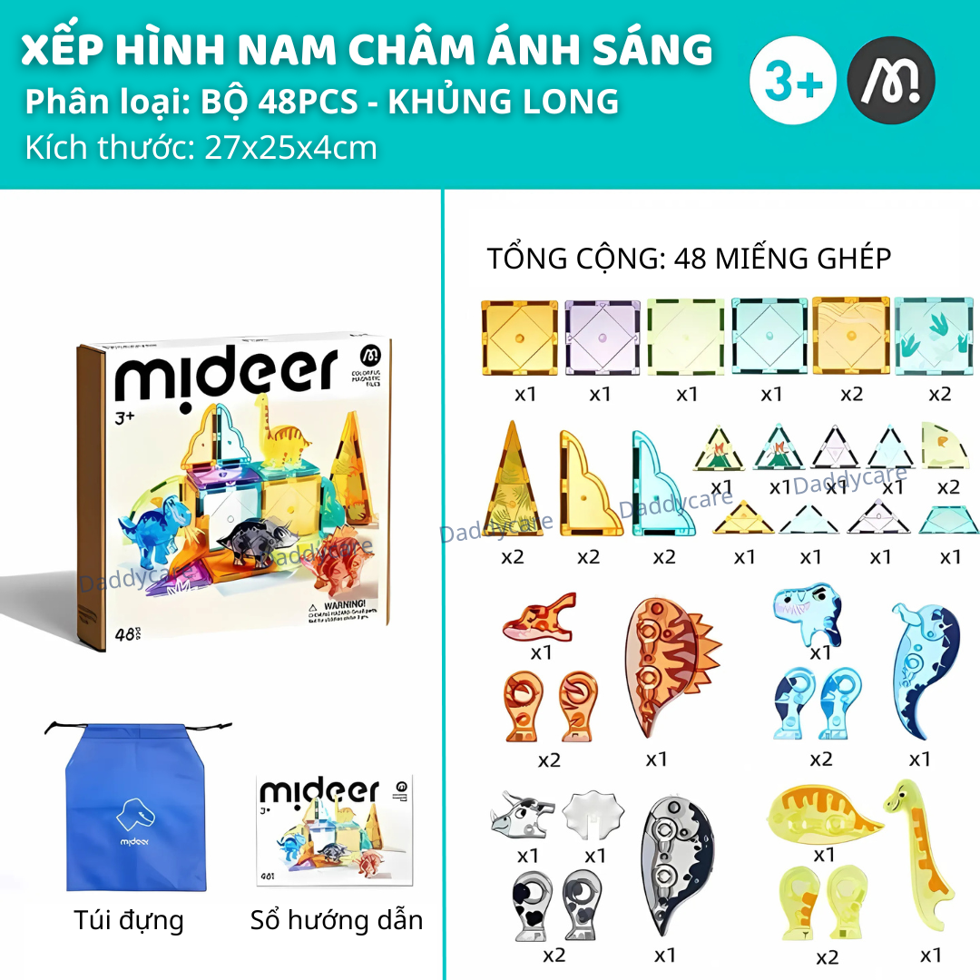 [48pcs] Bộ Xếp Hình Nam Châm Ánh Sáng Mideer Colorful Magnetic Tiles 48 chi tiết cho bé 3+